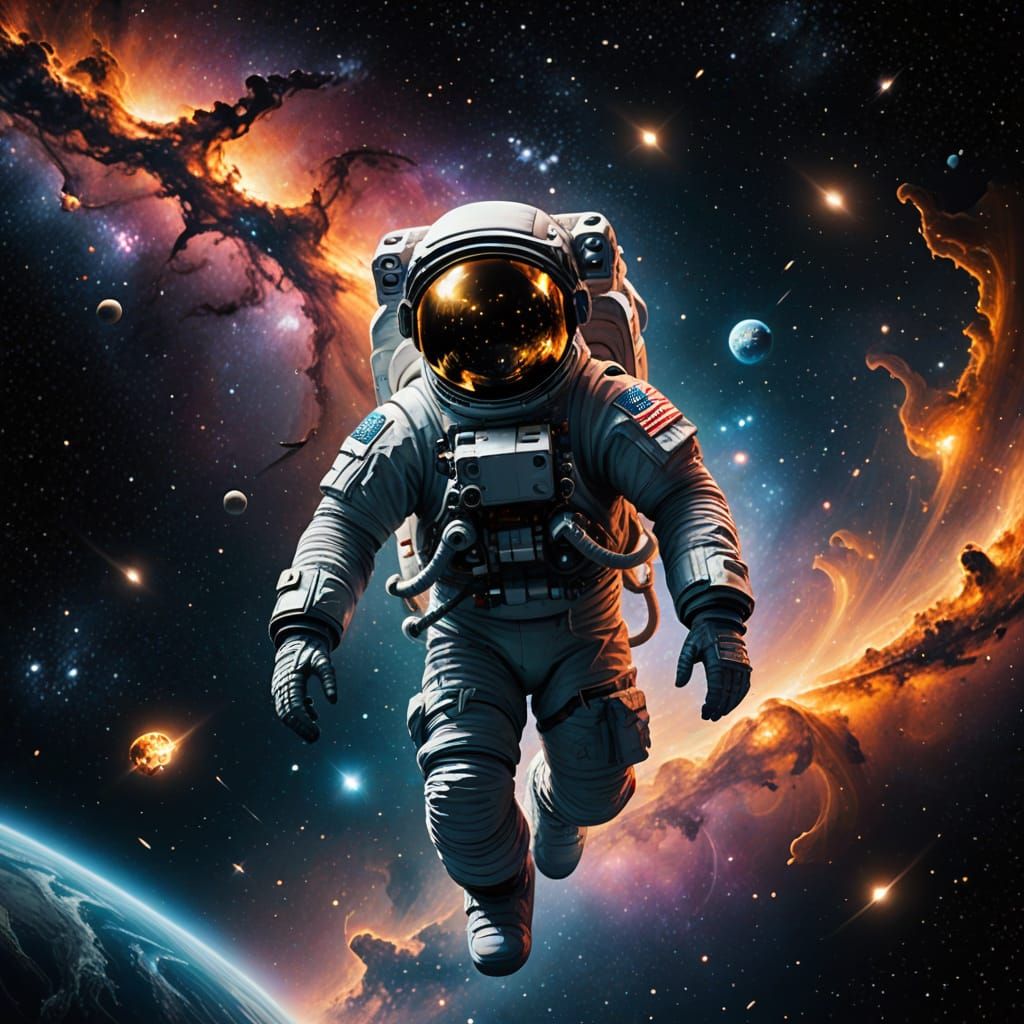 A lone astronaut drifting through a glowing galaxy