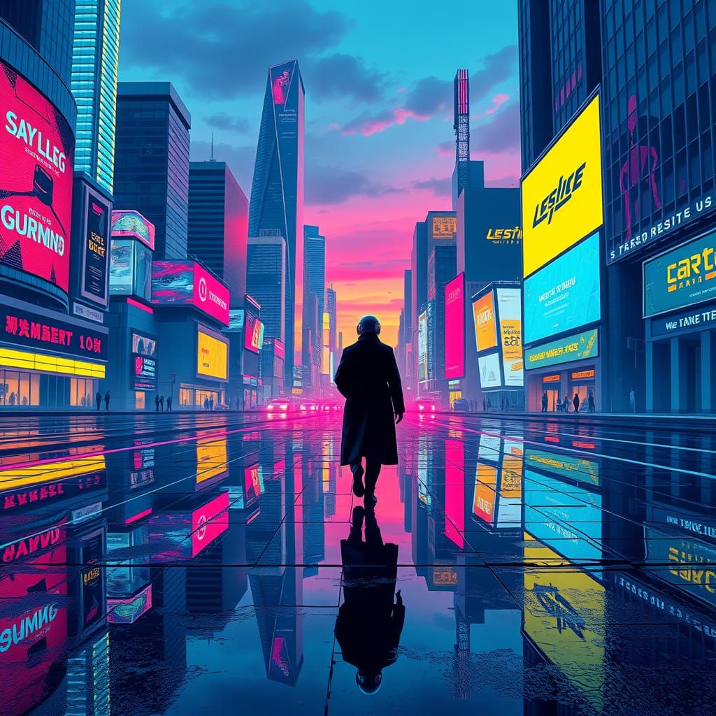 Sleek Cityscape at Dusk in Cyberpunk Style