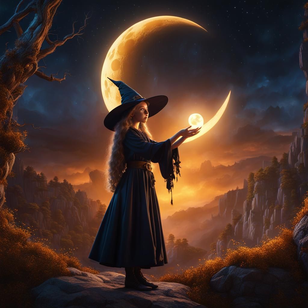 Child Witch Reciting Incantation Under Waxing Moon