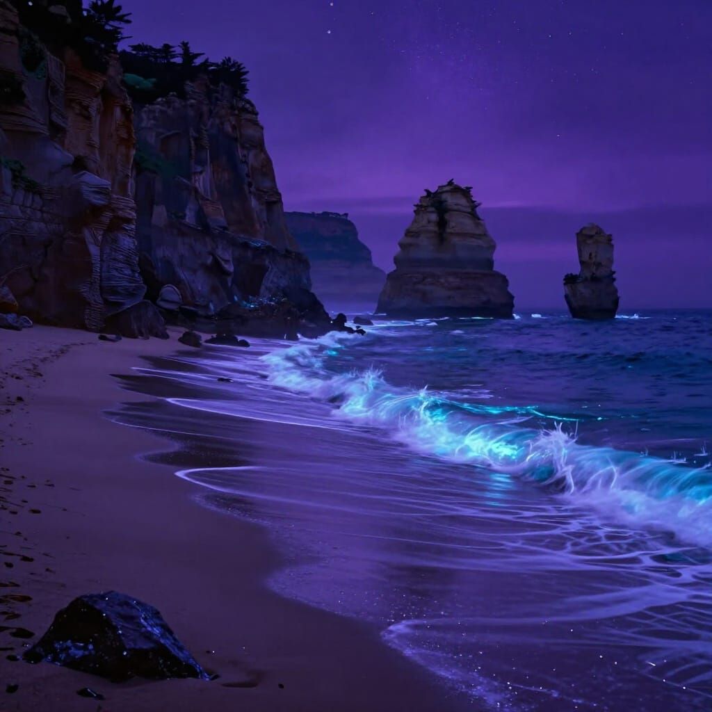 Mystical Purple Bioluminescent Shore with Sea Stacks