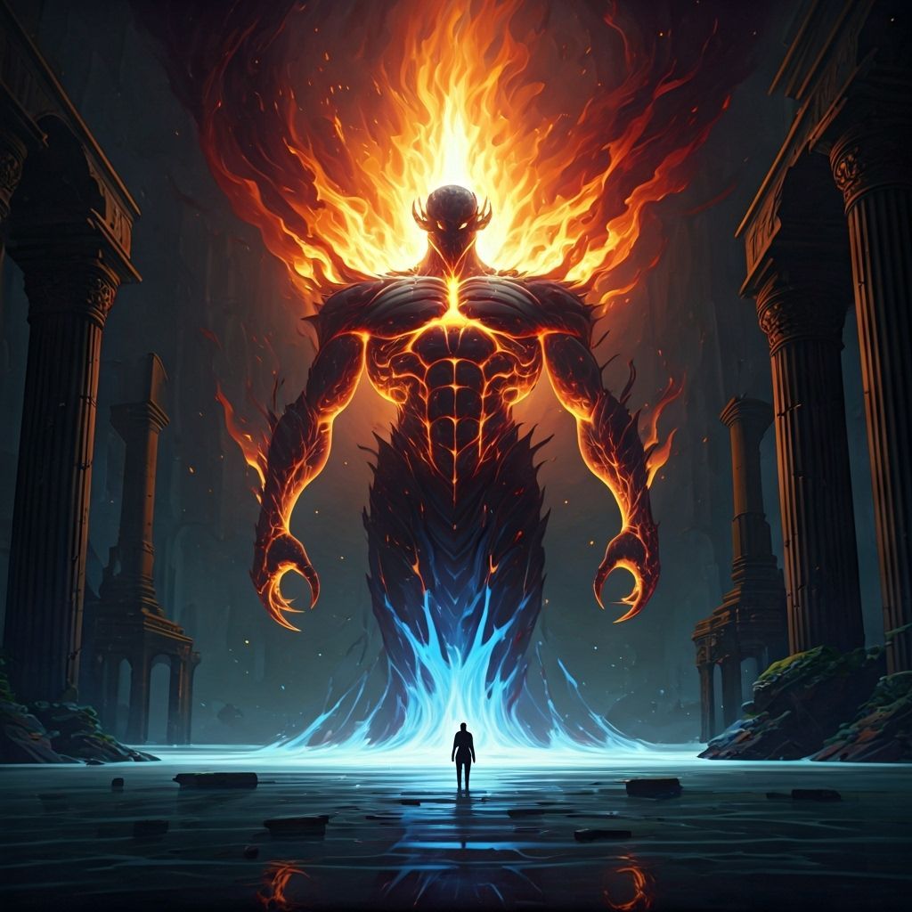 Fiery Elemental Emerges from Flooded Ruins