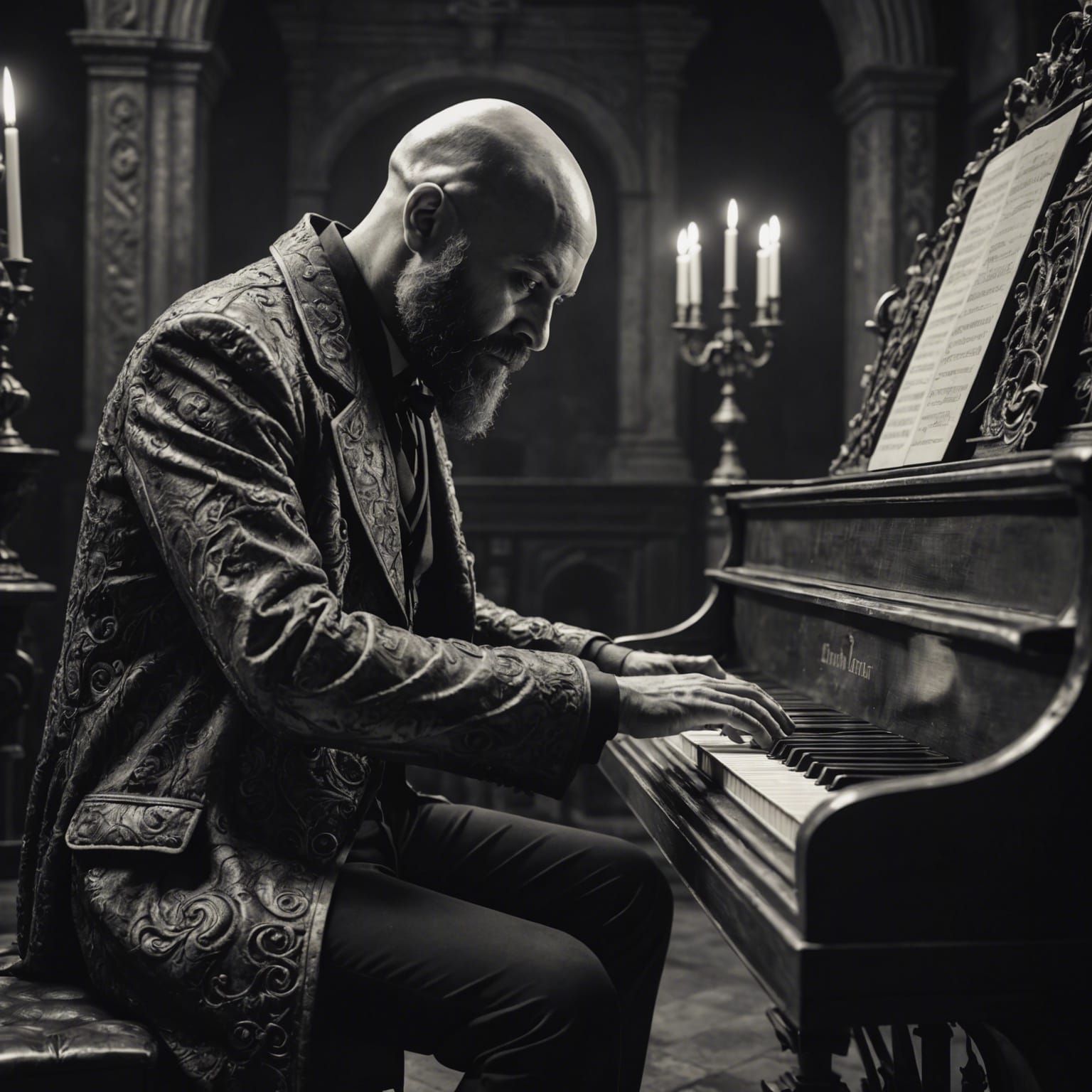 Monochromatic Gothic Art: Bald Man Plays Piano in Hell