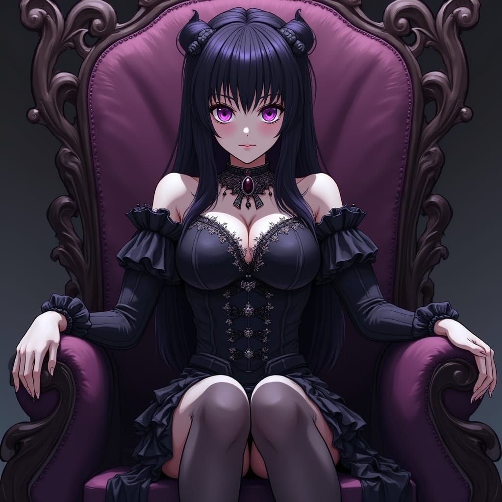 Anime-Style Goddess Seated on Throne in Elegant Gothic Attir...
