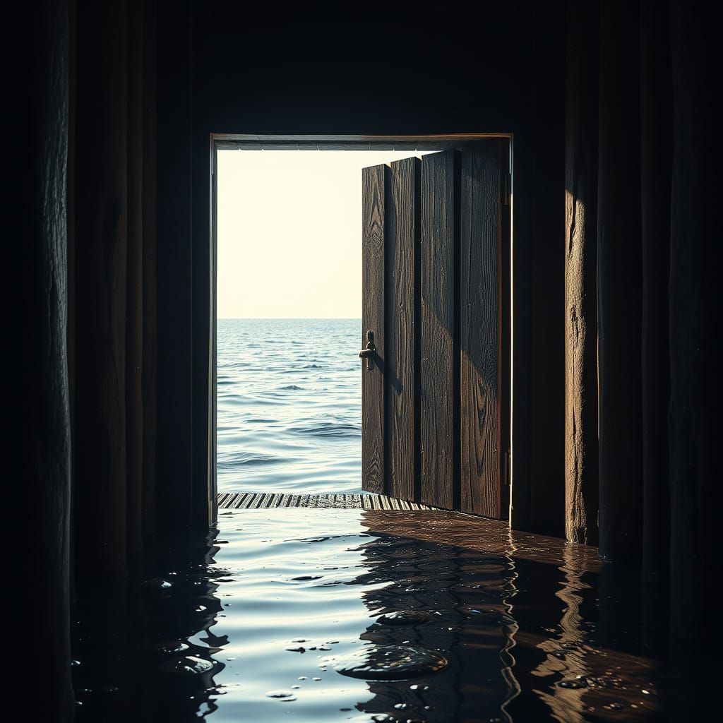 Ocean Behind Dark Door in Photorealistic Style