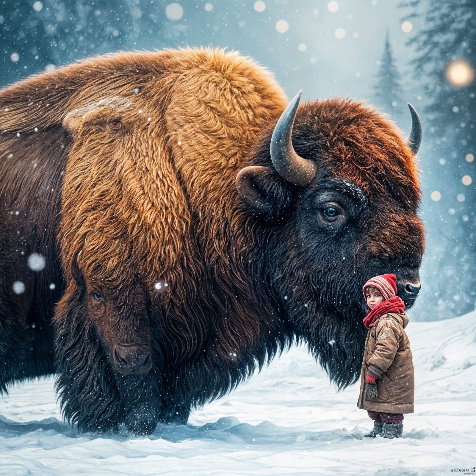 Boy and Bison in Snowy Landscape