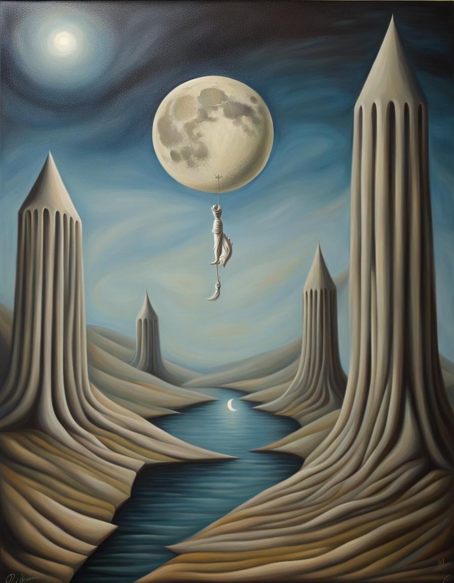 Surreal Moon Follows the Departed: Oil Painting