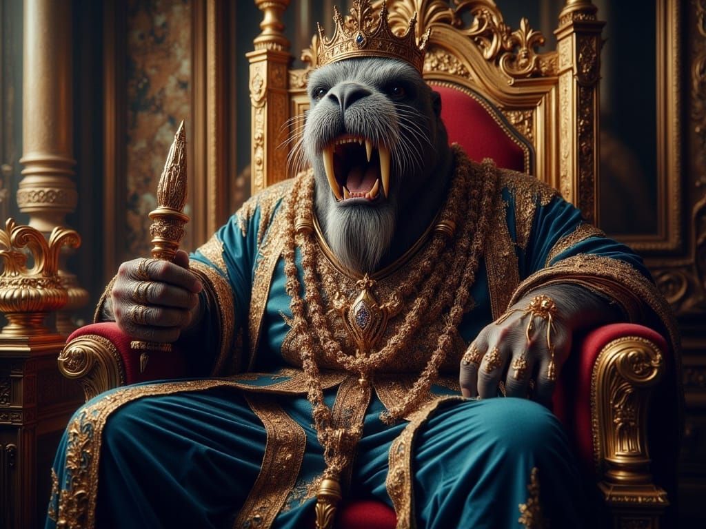 Regal Walrus King in Baroque Portrait Style