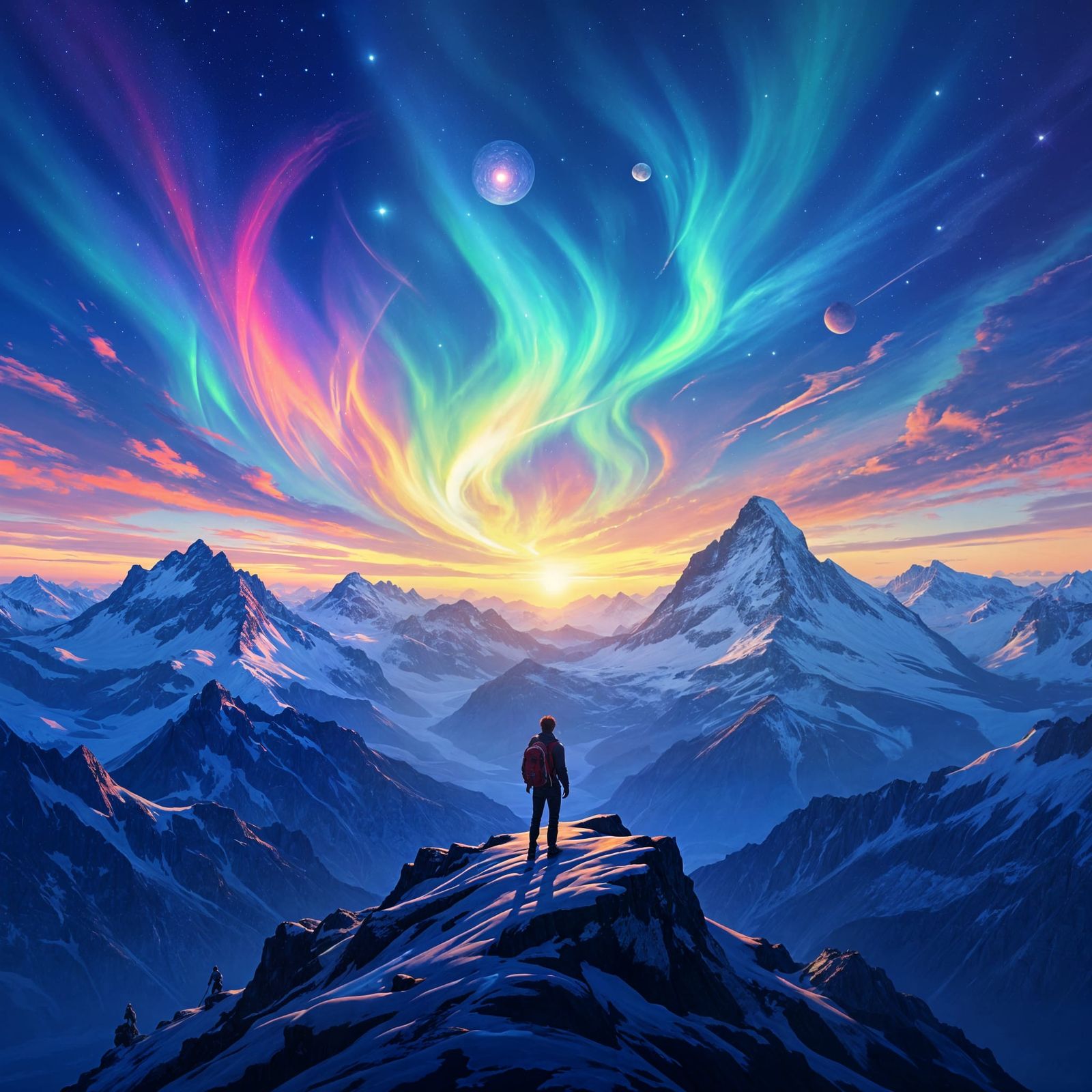 Hiker on Swiss Alps Ridge Under Aurora Sky