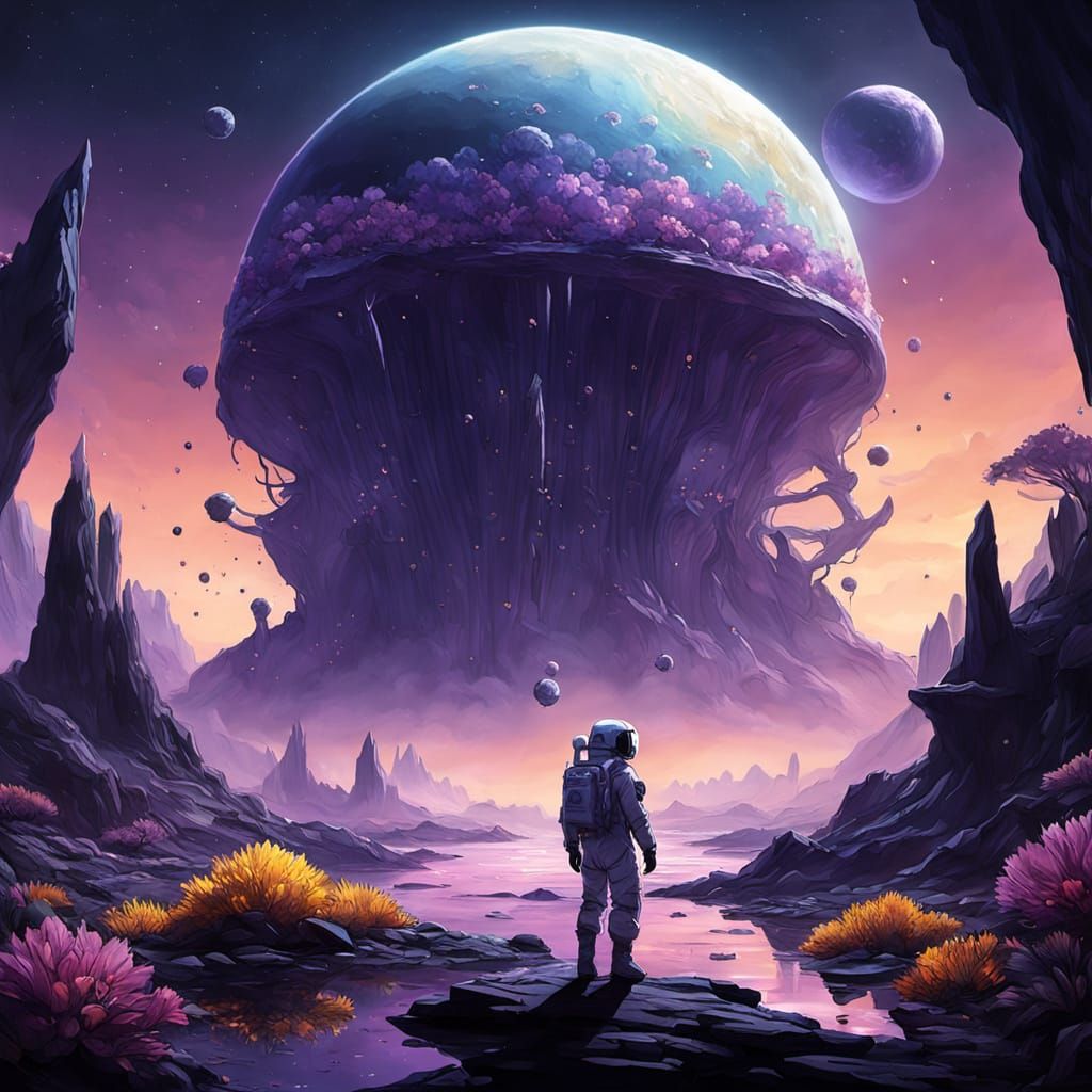 Astronaut Exploring Alien Planet in Dark Fantasy Style