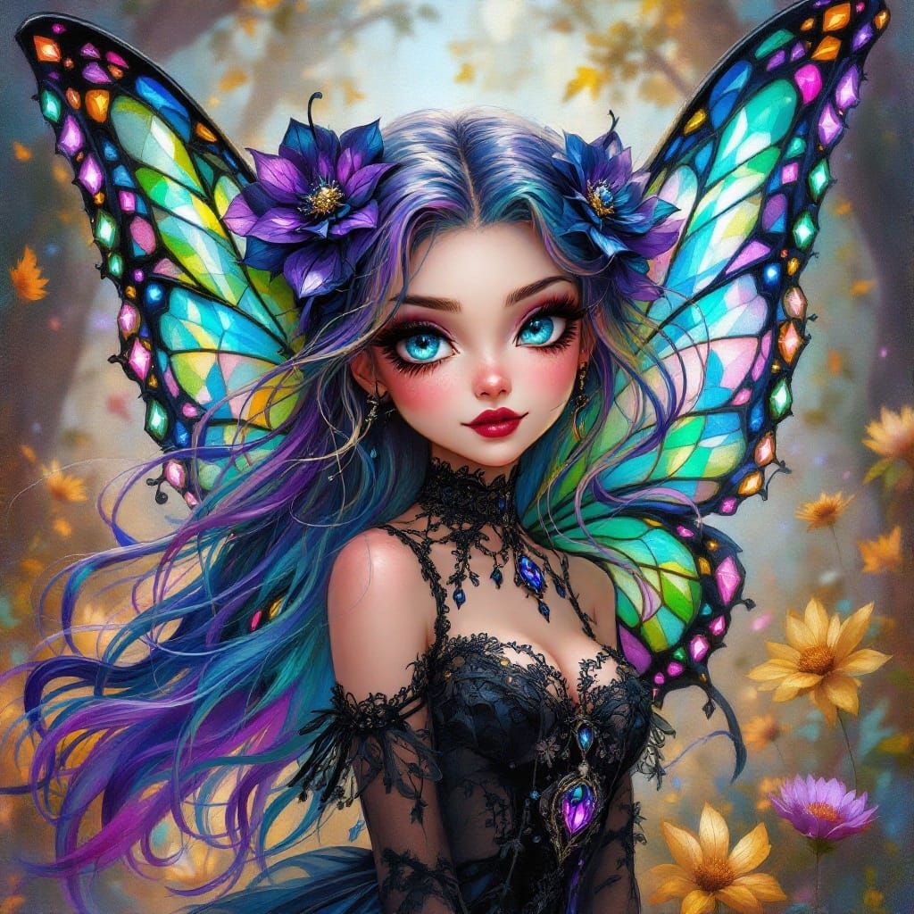 Whimsical Oil Illustration of Butterfly Girl in Gothic Dream...