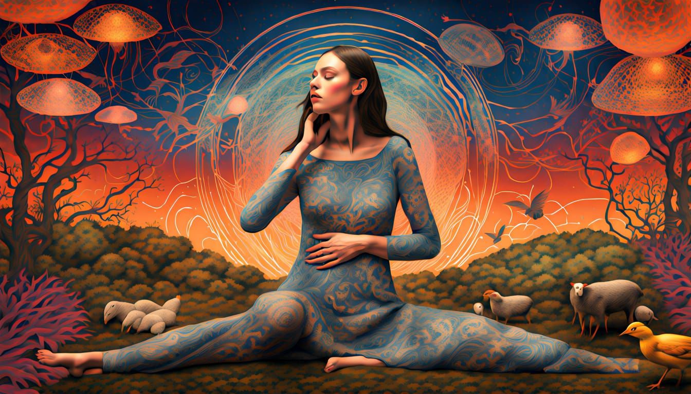 Surreal Bio-Art Woman's Trance in Mystical Forest