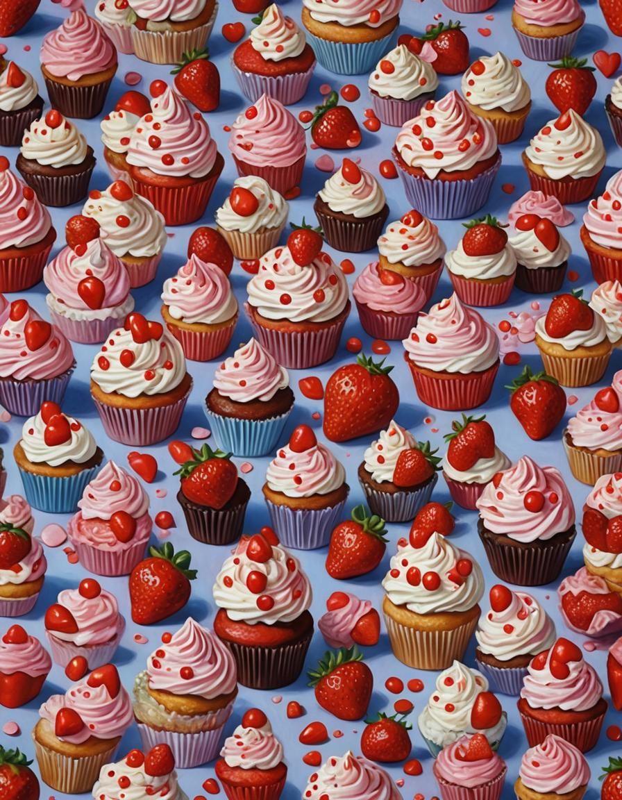 Candyland Strawberry Cupcake Dessert World: Oil Painting