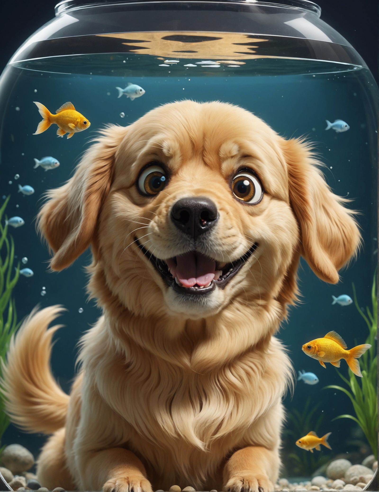 Delightful Cartoon Golden Retriever Gazing at Fish