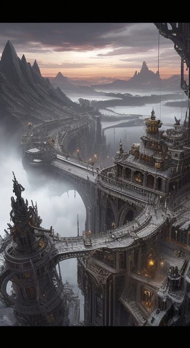 Fantasy Illustration: Steampunk Figures Overlook City at Sun...