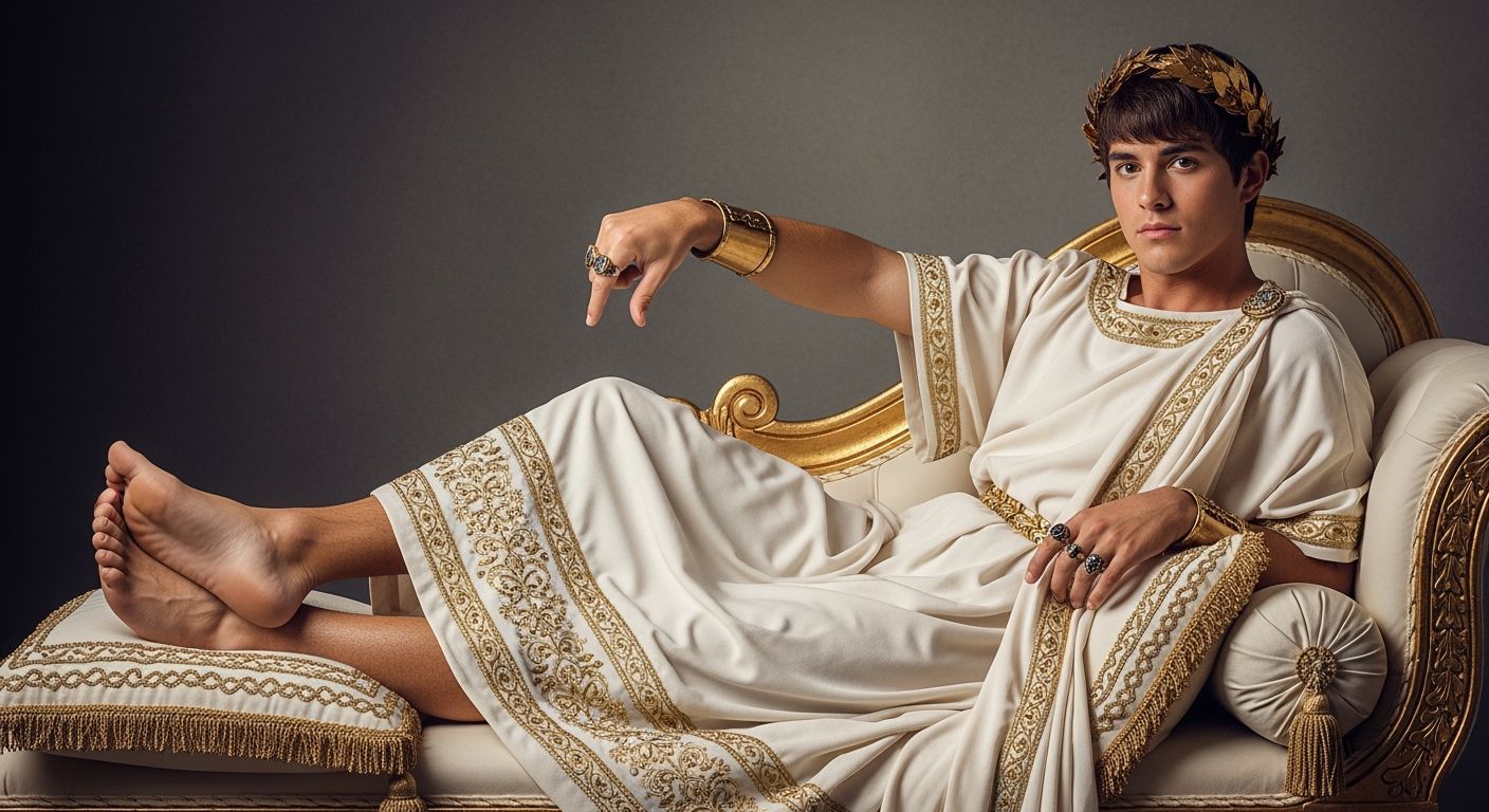 Young Emperor Lounging in Embroidered Toga, Professional Pho...