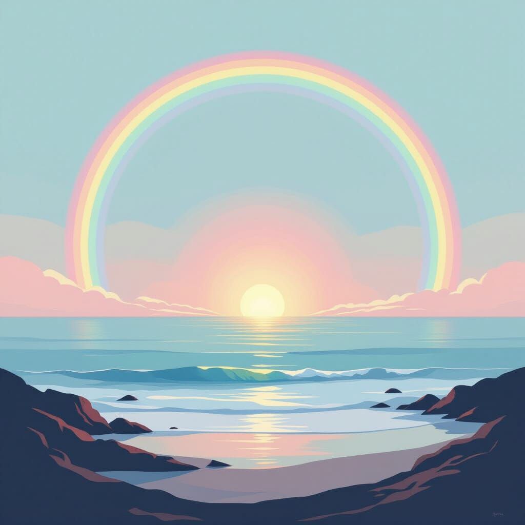 Minimalist Painting: Rainbow Over the Coast