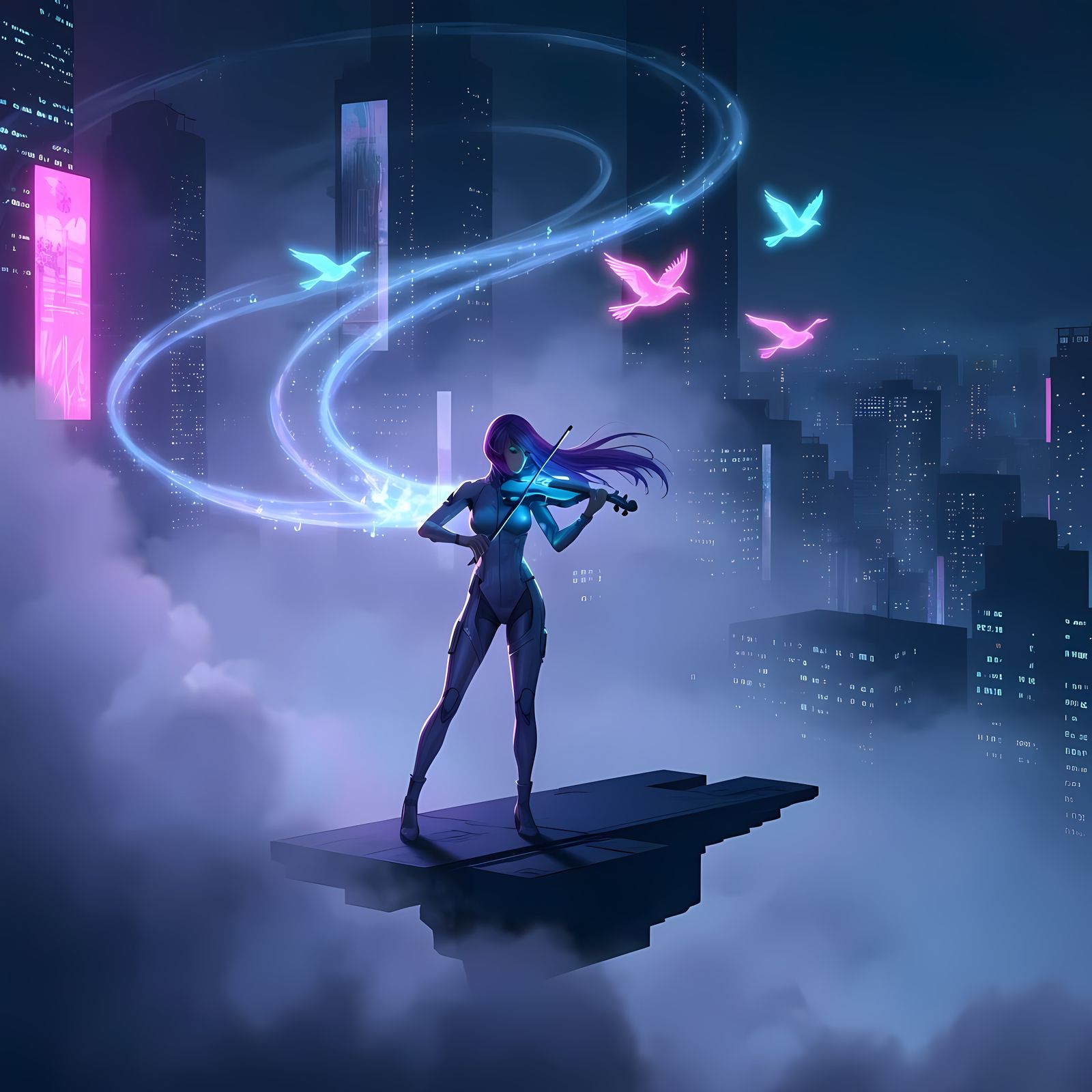 Anime Woman Plays Synth-Violin Above Cyberpunk City