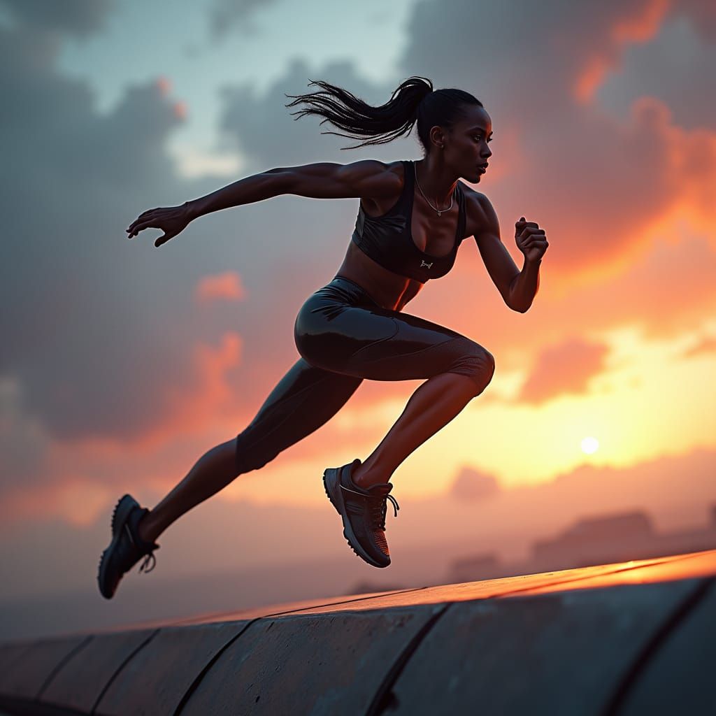 Athletic Woman Soaring Over Futuristic Barrier
