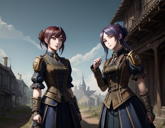 Steampunk Anime Twins in Rural Village: Detailed Matte Paint...