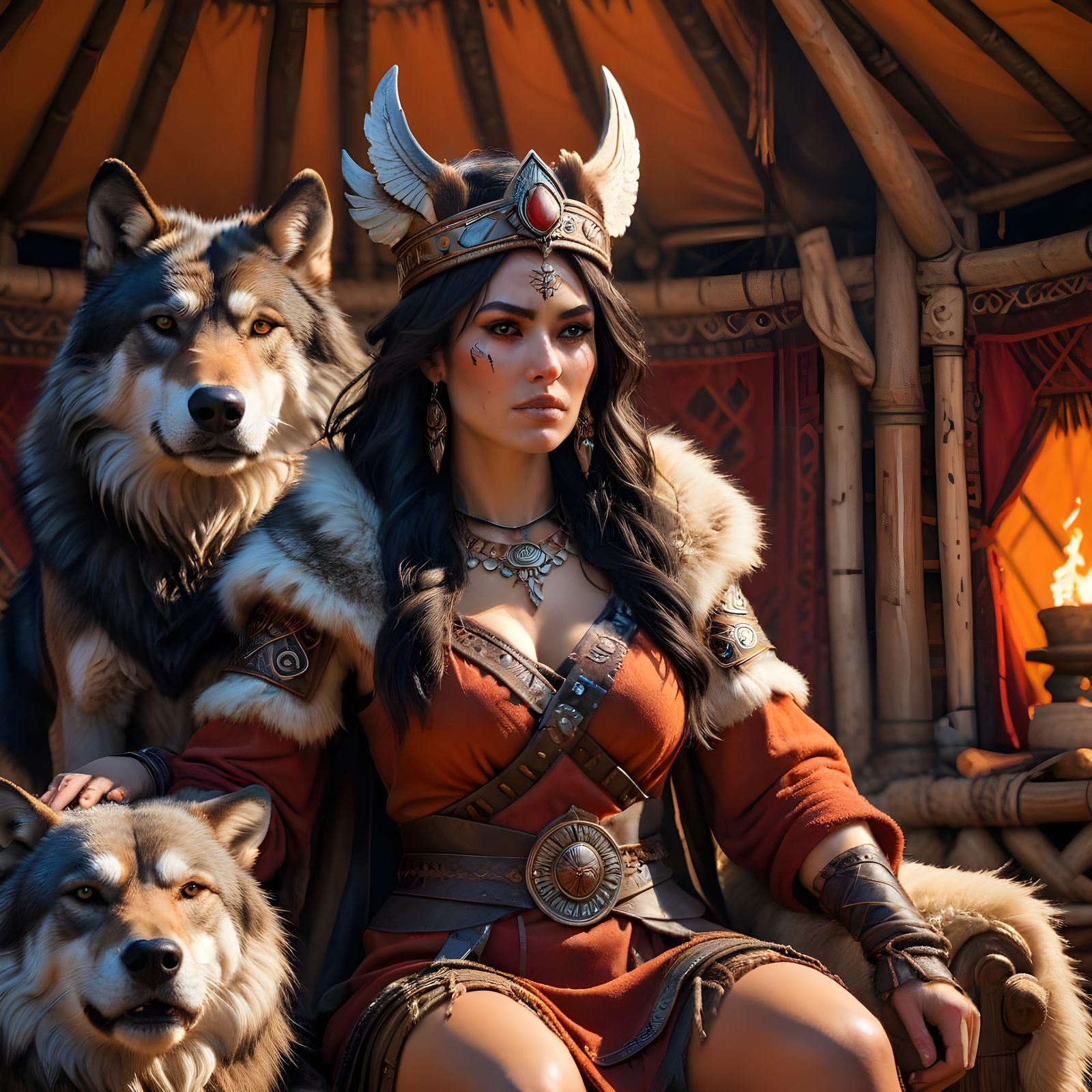 Barbarian Queen on Throne in Yurt, Hyperrealistic
