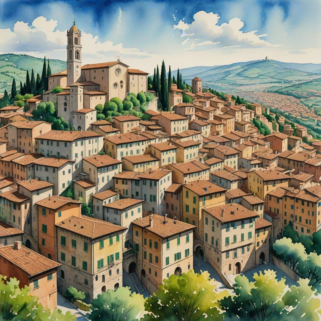Surreal Umbrian Landscape with Medieval Perugia and Vibrant....