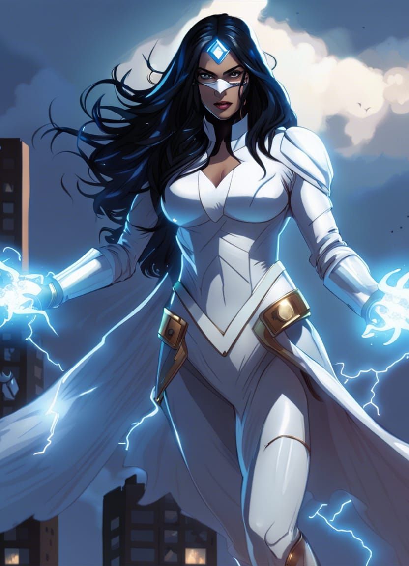 Indian Superheroine on Rooftop with Lightning, Hyperdetailed...