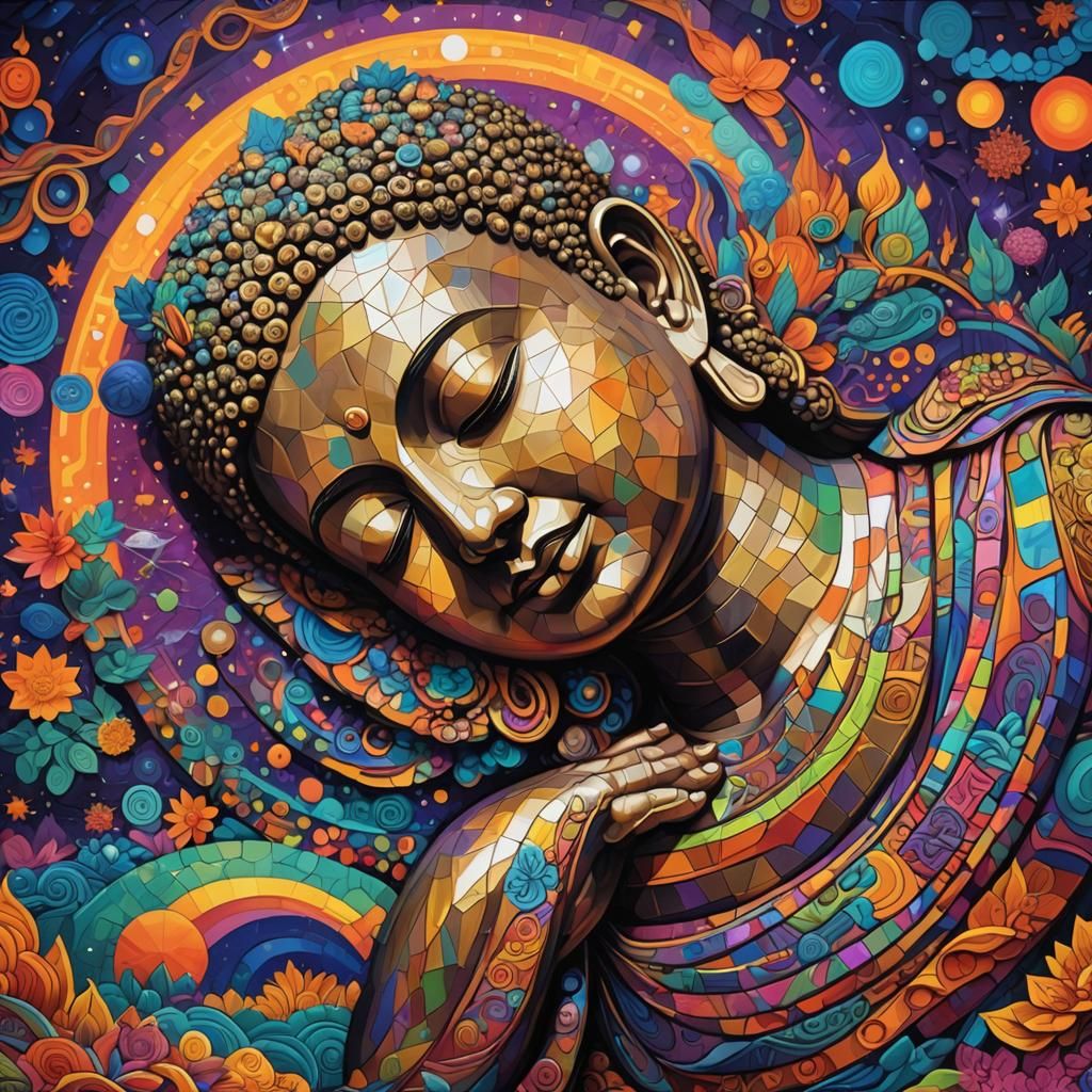 Cosmic Buddha Sleeping in Colorful Landscape