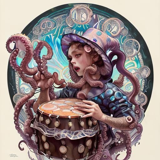 Stuffed Animals' Party: Octopus Drummer in Watercolor Style