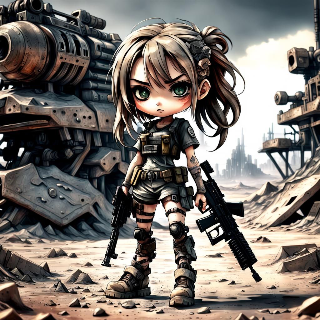 Dystopian Wasteland Chibi Girl with Machine Gun Leg
