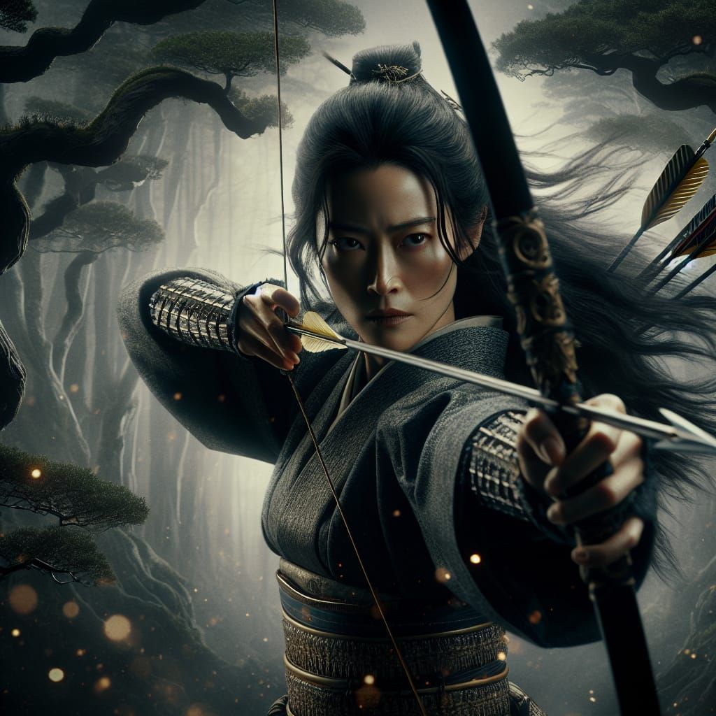 Samurai Woman in Mystical Forest: Cinematic Poster