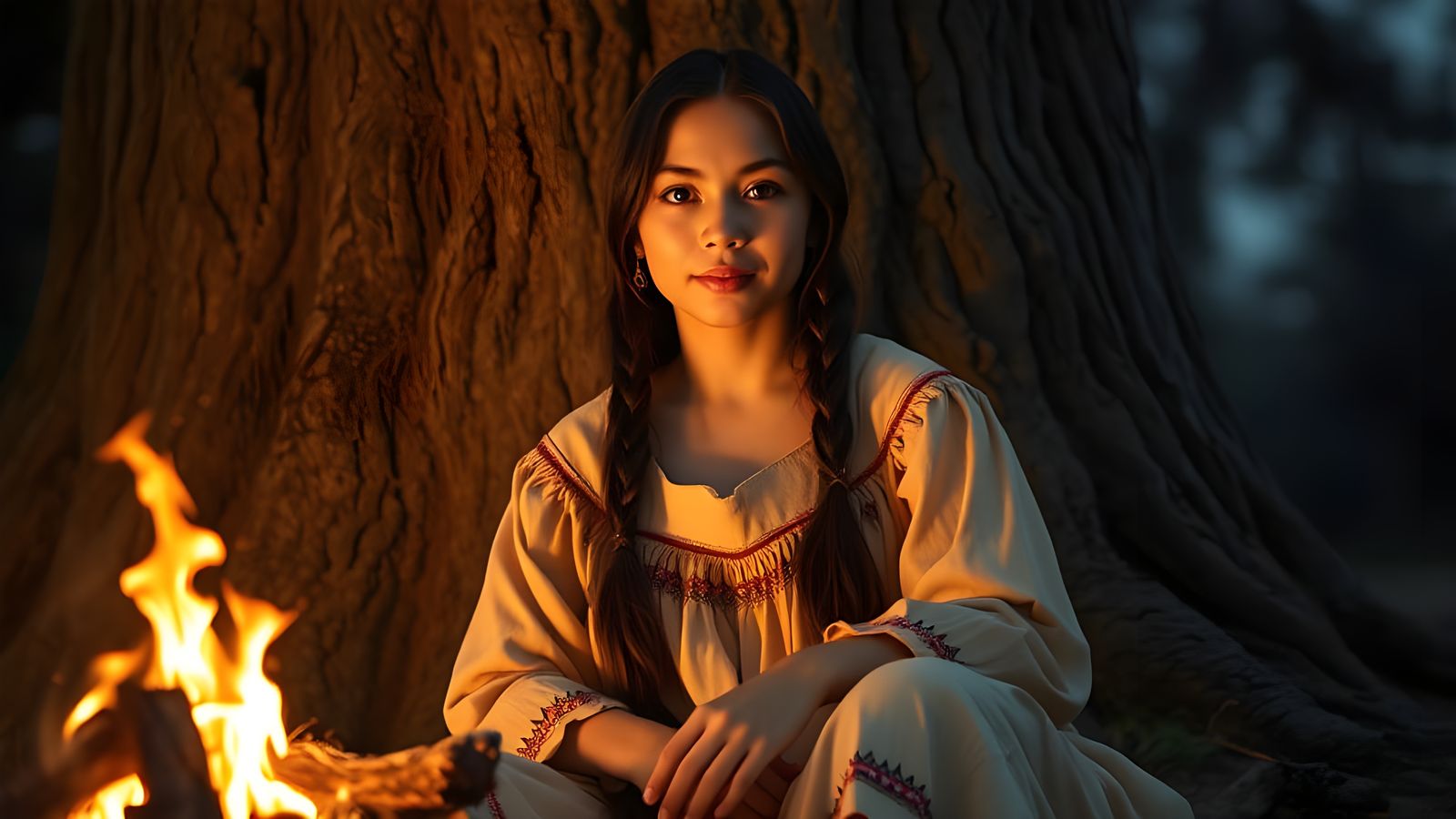 A Young Native American Woman by the Campfire