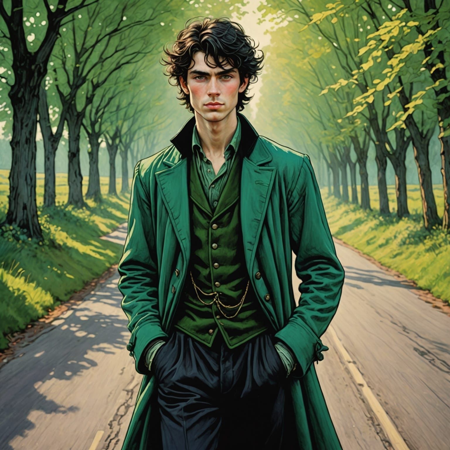 Determined Youth on Sunny Road, Arthur Rackham Style