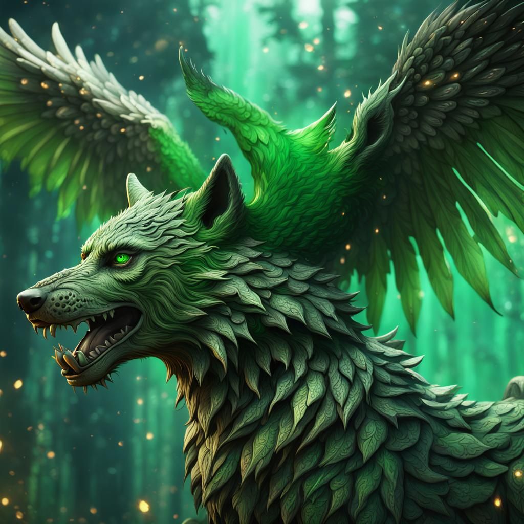 Mythical Green Winged Wolf: Fantasy Concept Art