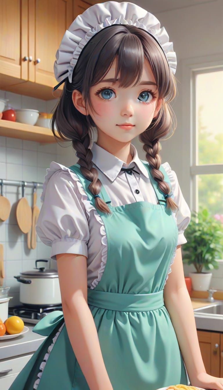 Anime Maid in Kitchen with Pastel Colors