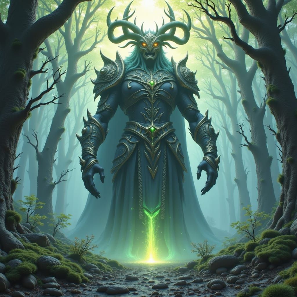 Mystical Jötunn Warrior in Enchanted Forest