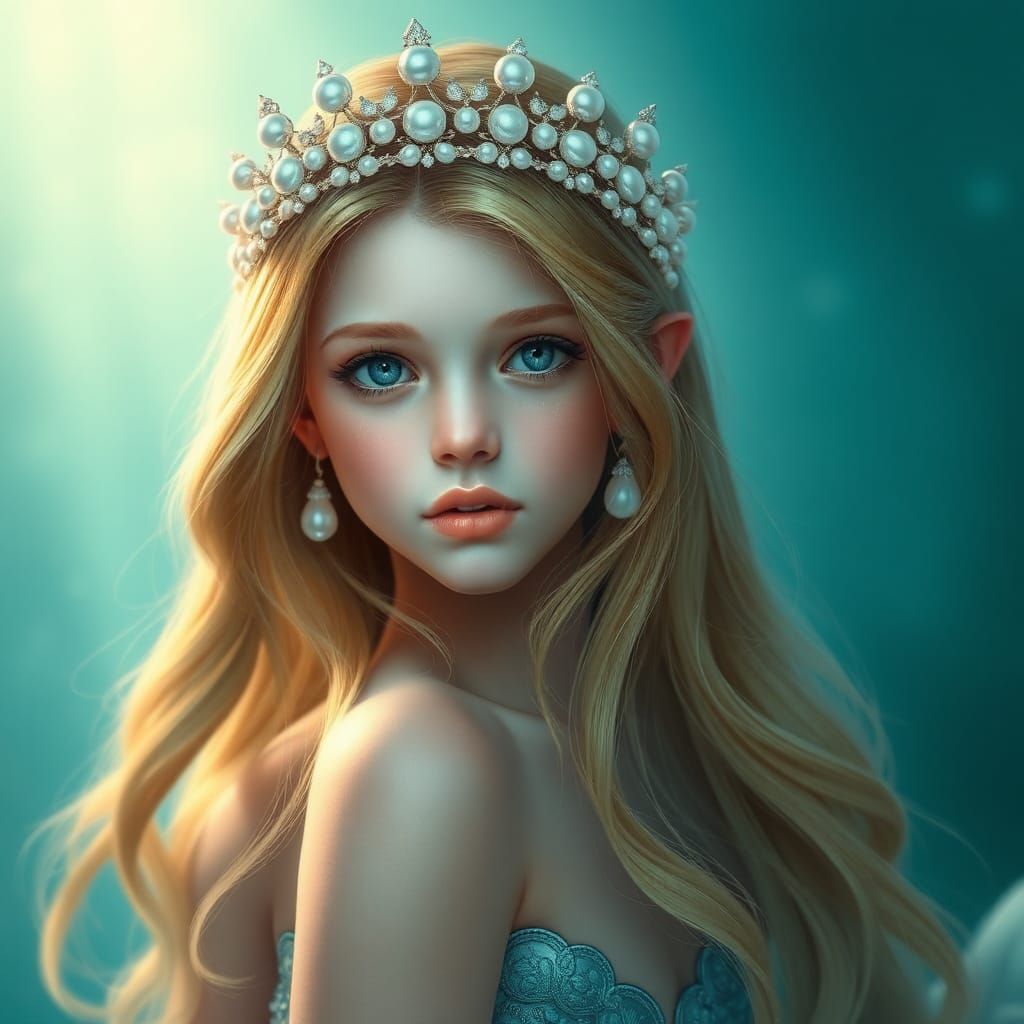 Enchanting Mermaid Portrait with Pearl Crown in Fantasy Styl...