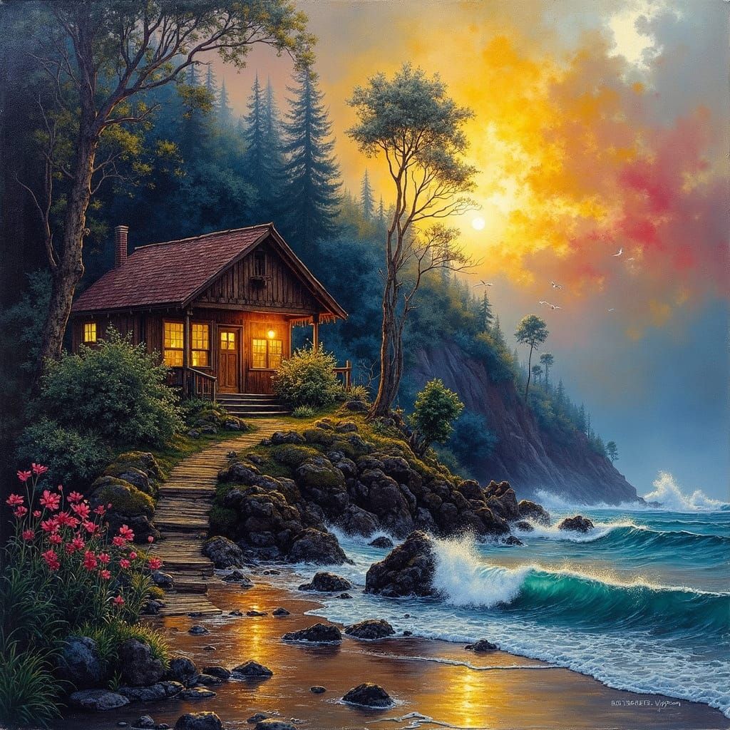 Ethereal Surf Shack Amidst Golden Mist