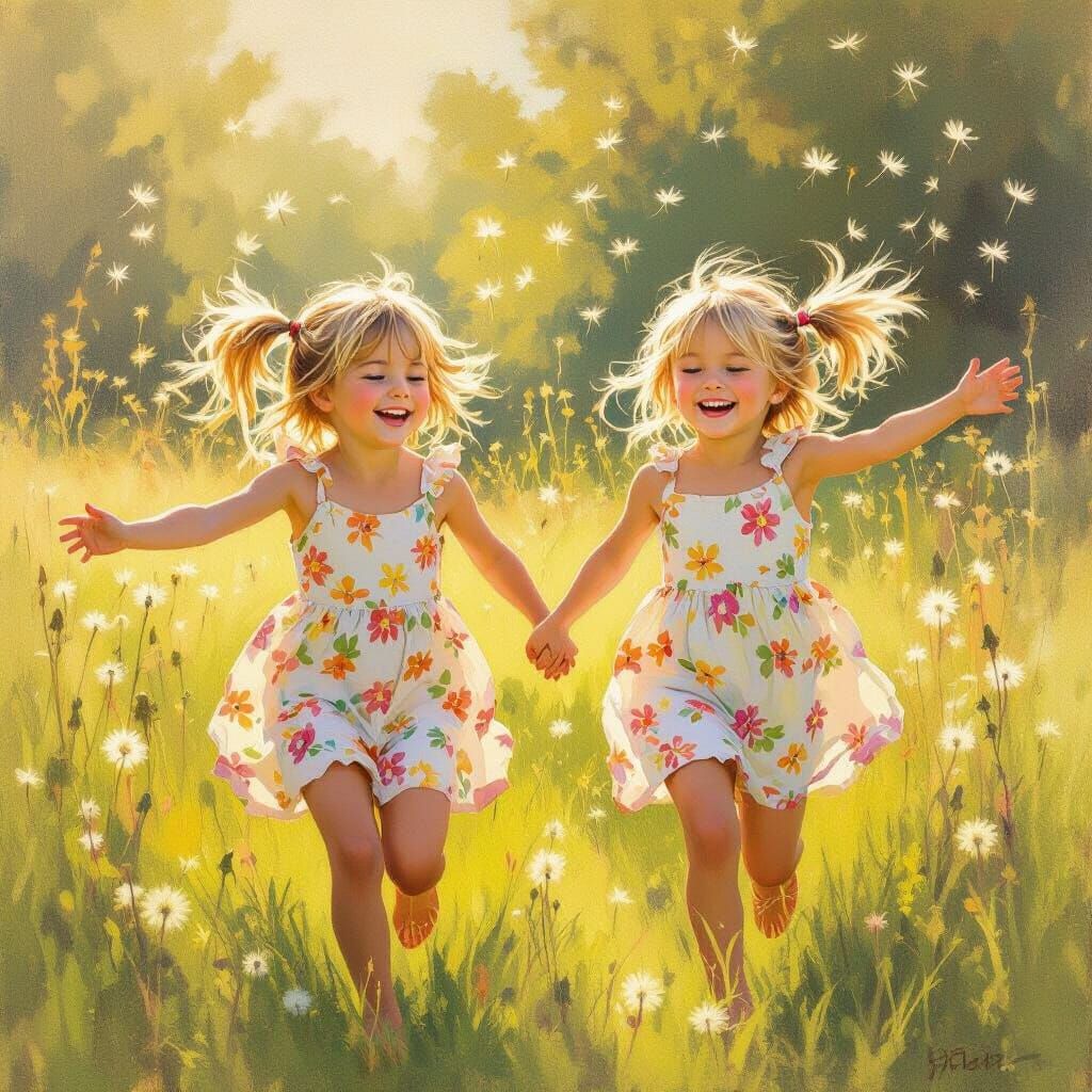 Joyful Girls Chasing Dandelions in Golden Hour Meadow