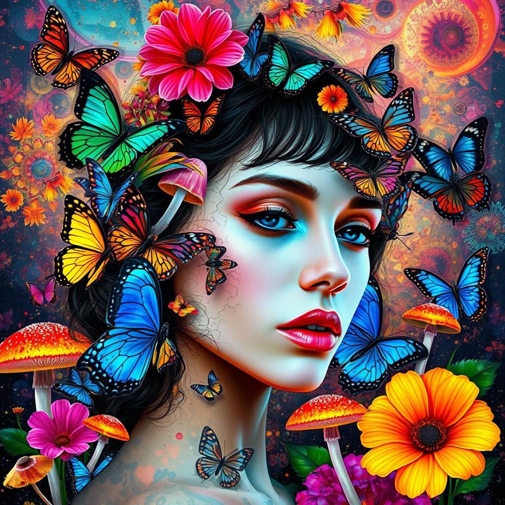an abstract  woman's head, butterflies, flowers, mushrooms impressive  fractured glitchcore