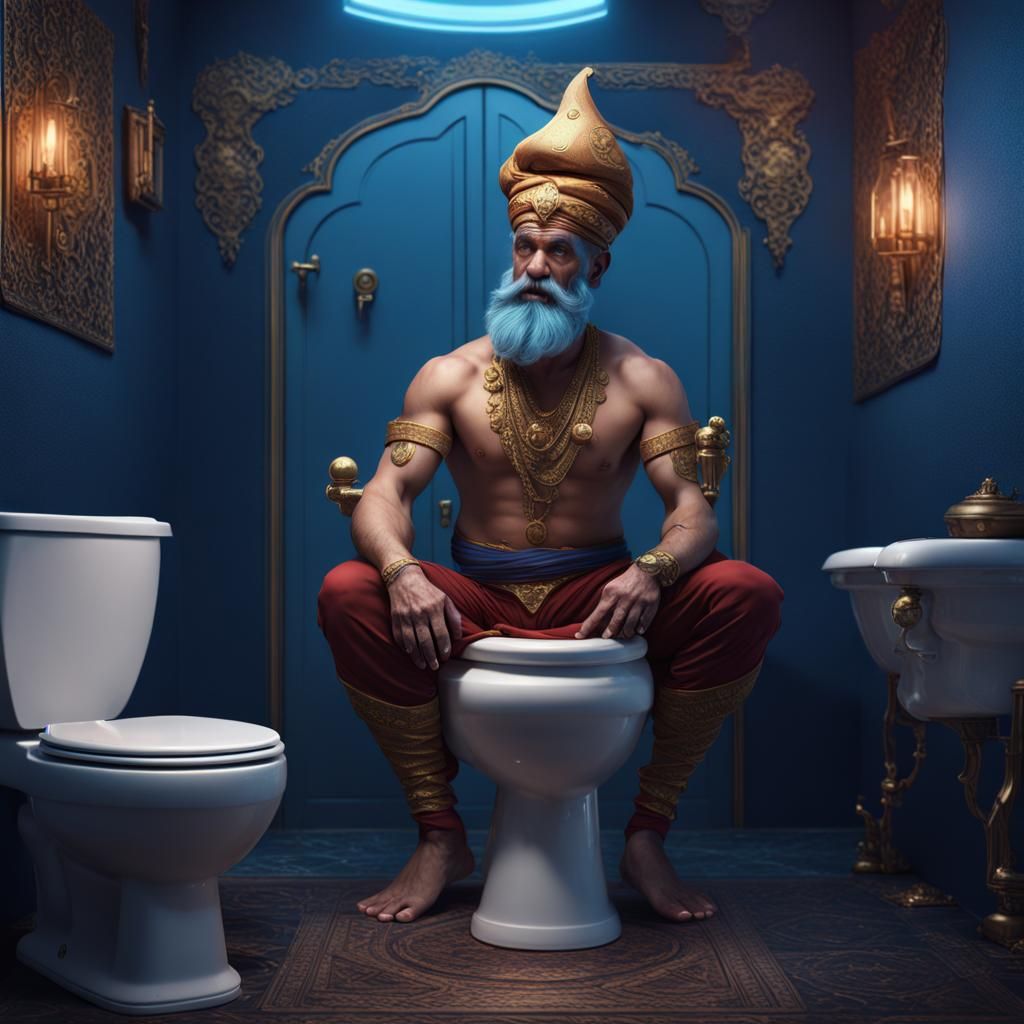 Fantastical Male Genie in Toilet, Detailed Matte Painting
