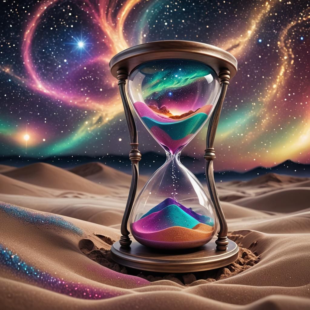 Cosmic Hourglass with Swirling Sand in Mixed Media