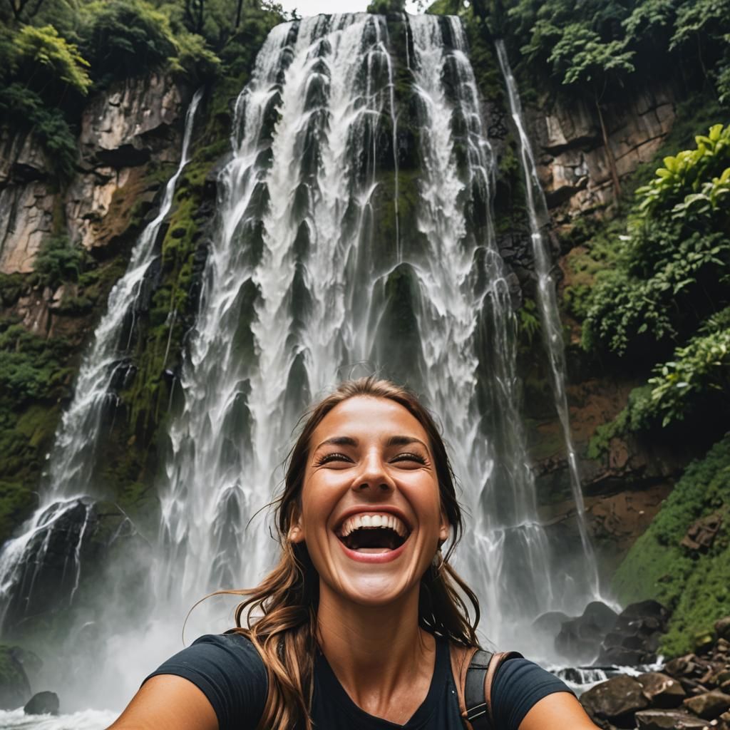 Epic Waterfall Flowing from Smiling Woman's Mouth