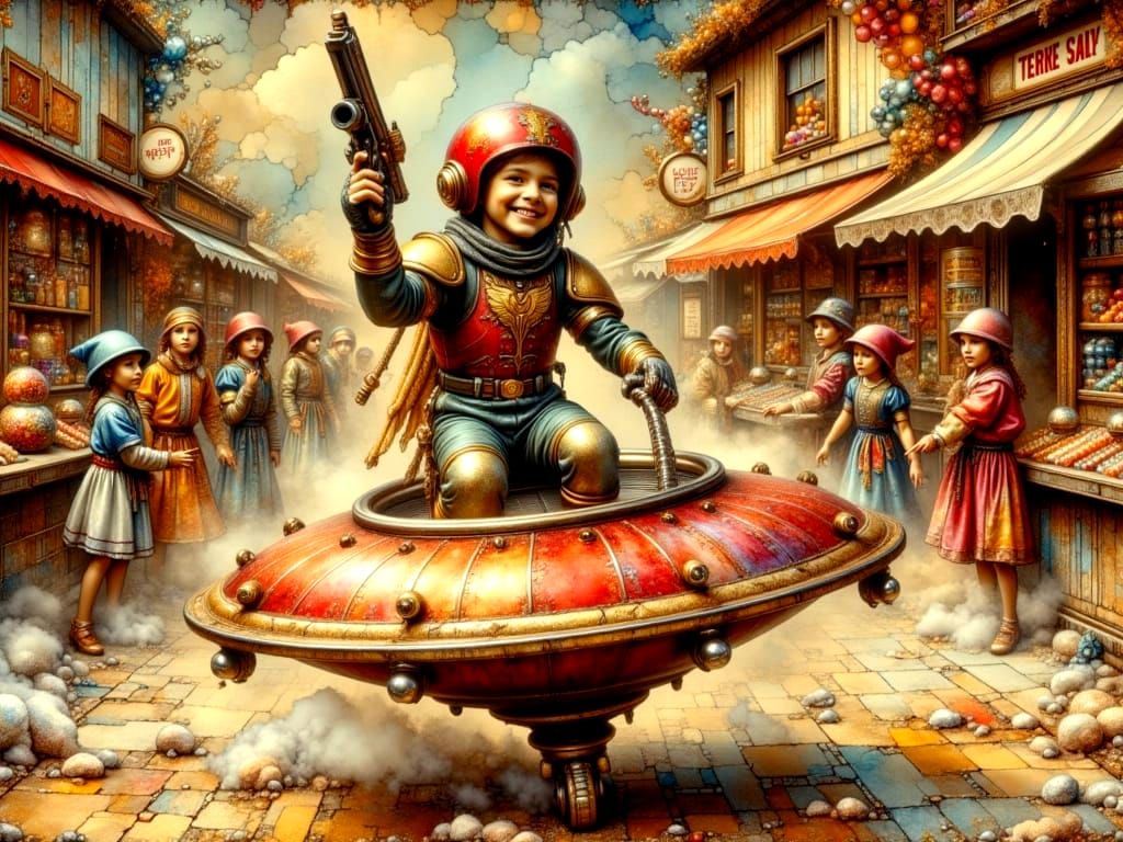 Boy Rides UFO Toy in Pop Art Style