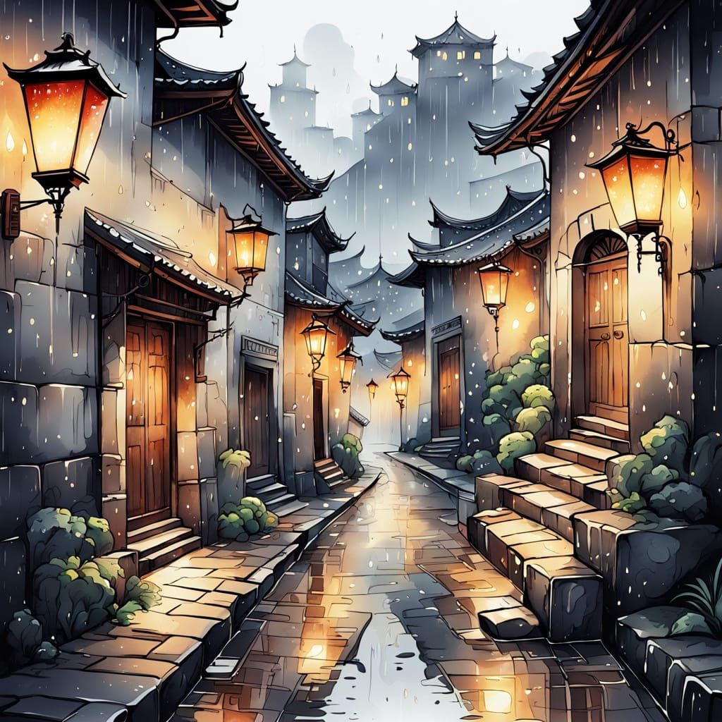 Glistening Ancient Town in Vibrant Watercolor Style