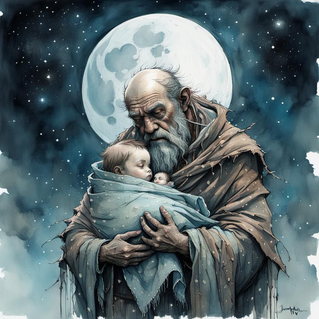 Gentle Giant Protecting Baby in Fantasy Illustration