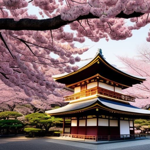 Japan Temple with Sakura in Natural Lighting