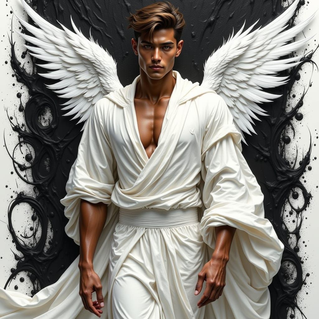Handsome Angel with Feathery Wings Amidst Ink Splatters