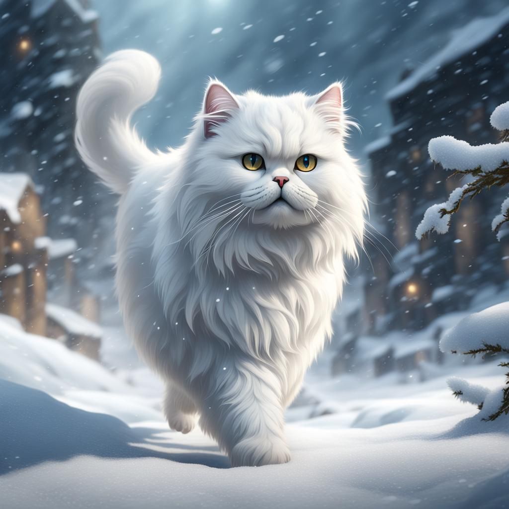 White Persian Cat in Winter Snowstorm