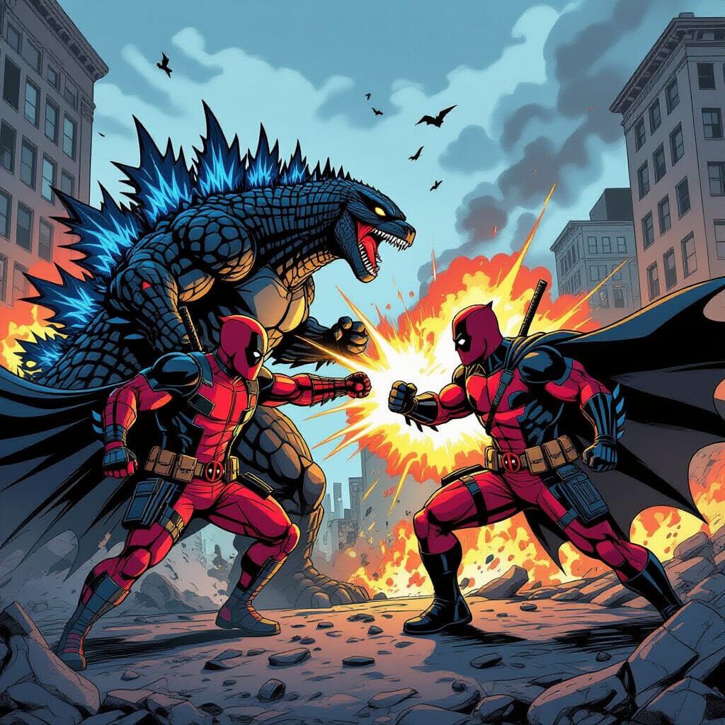 Deadpool Fights Batman with Godzilla in Comic Style