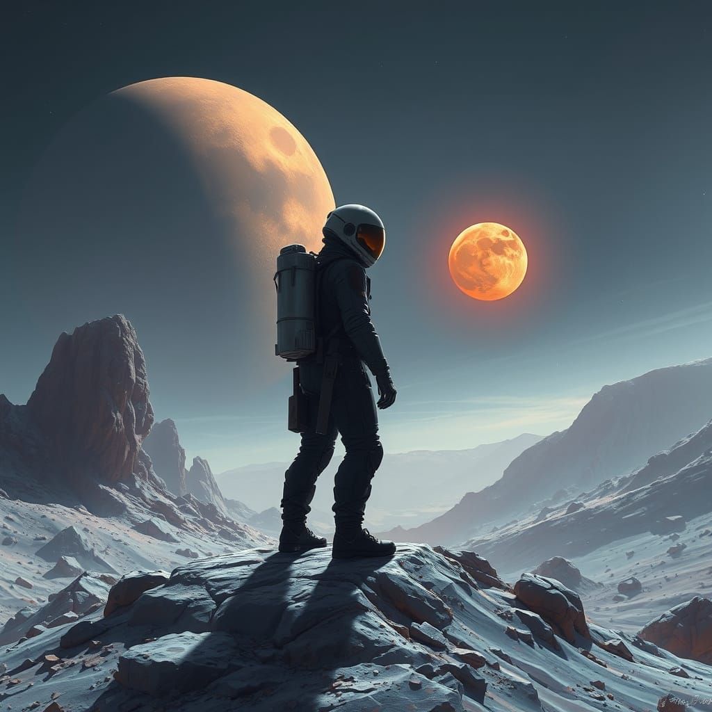 Glowing Warrior Stands on Rugged Moonlit Planet with Twin Su...